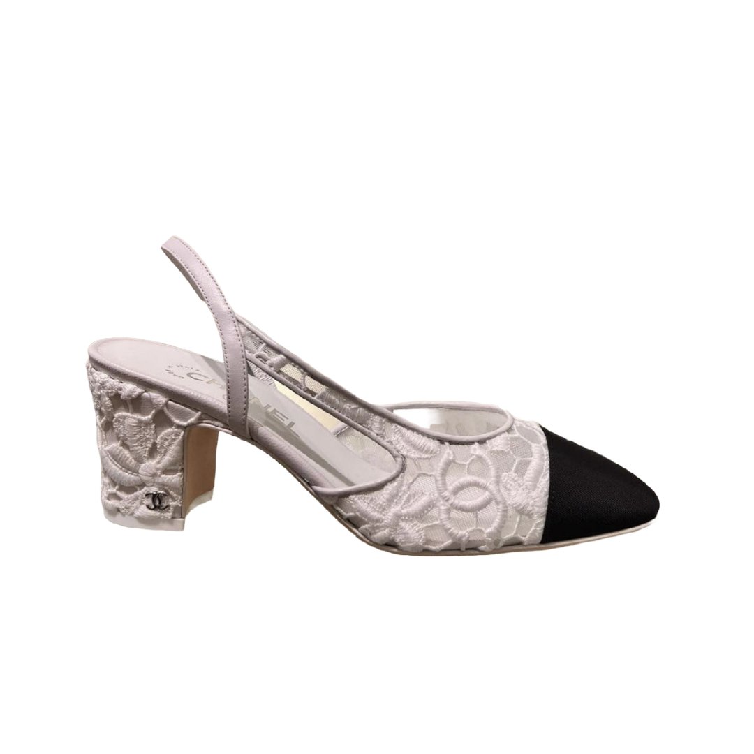 Chanel Cap-Toe Slingback Pumps in White Floral Lace — UFO No Chanel Cap-Toe Slingback Pumps in White Floral Lace — UFO No